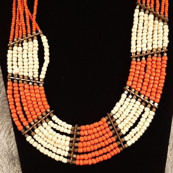 Beaded Ivory and Orange Necklace - Picture 5 of 5
